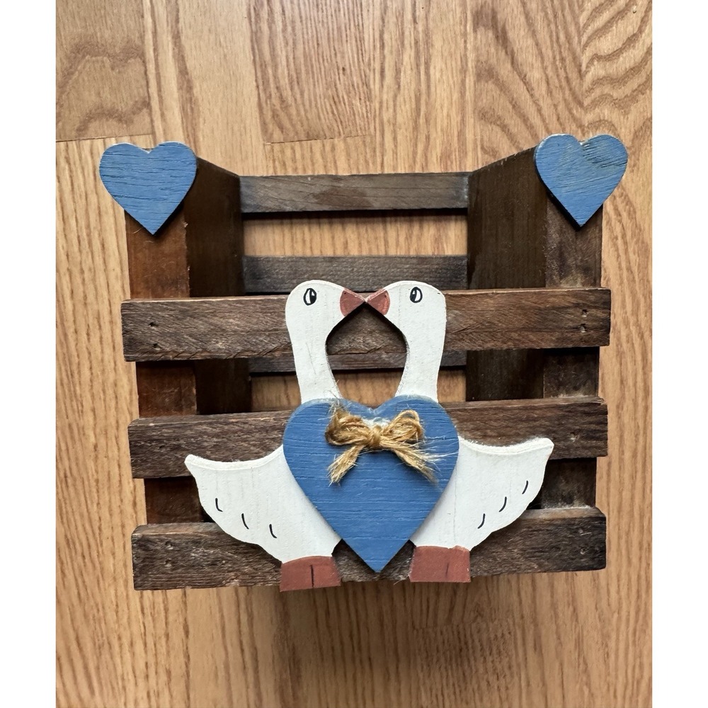 Vintage 80s Country Wooden Crate Kissing Geese Blue Heart Slat Box Cottagecore